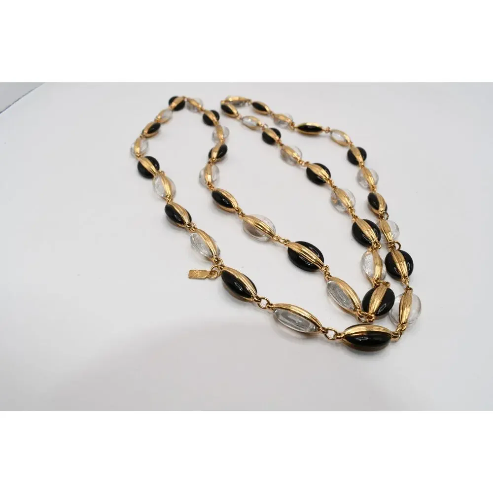Vintage Swarovski Black Clear Crystal Gold Tone Long Necklace 34”
